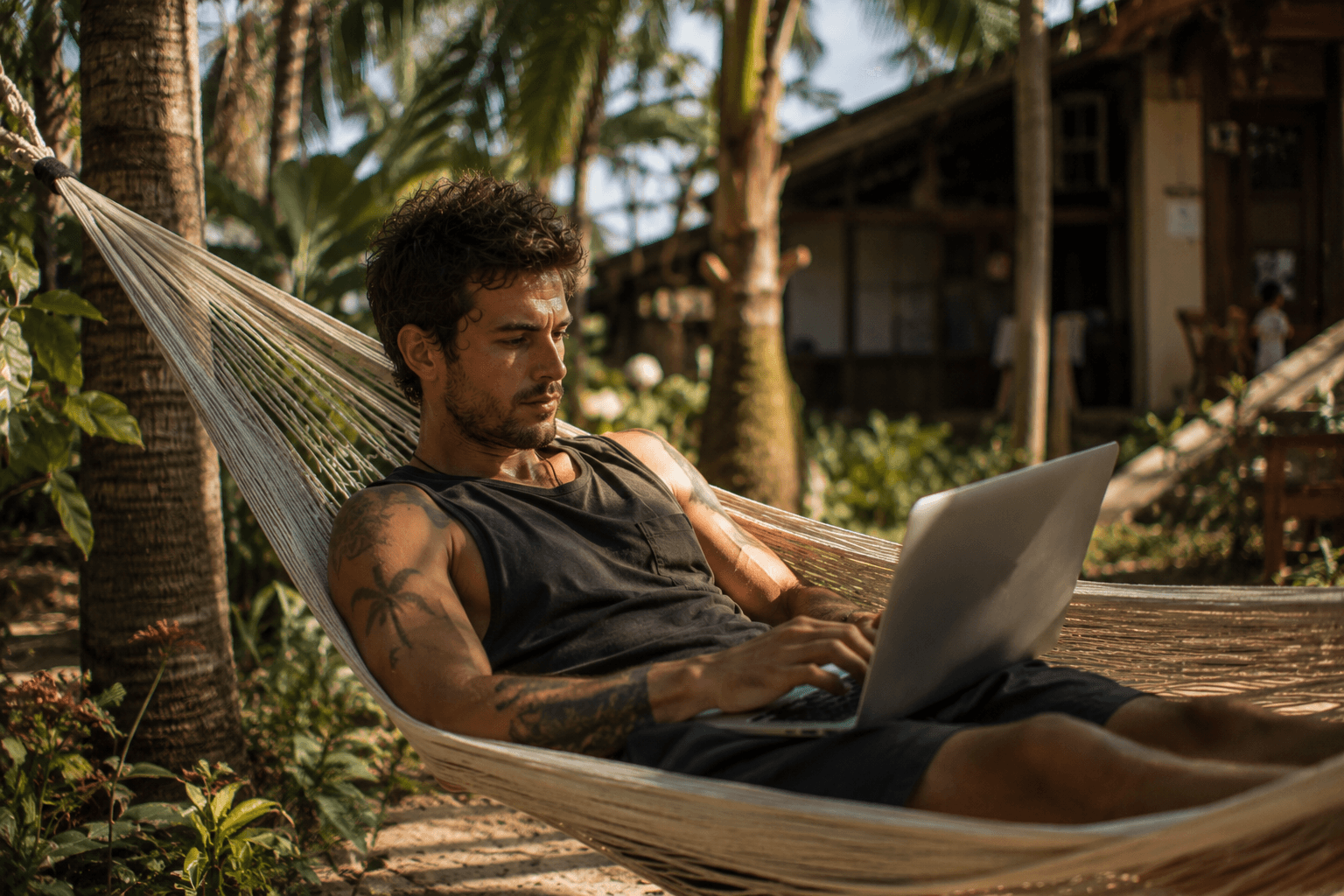 Remote worker using a laptop from a hammock in Thailand