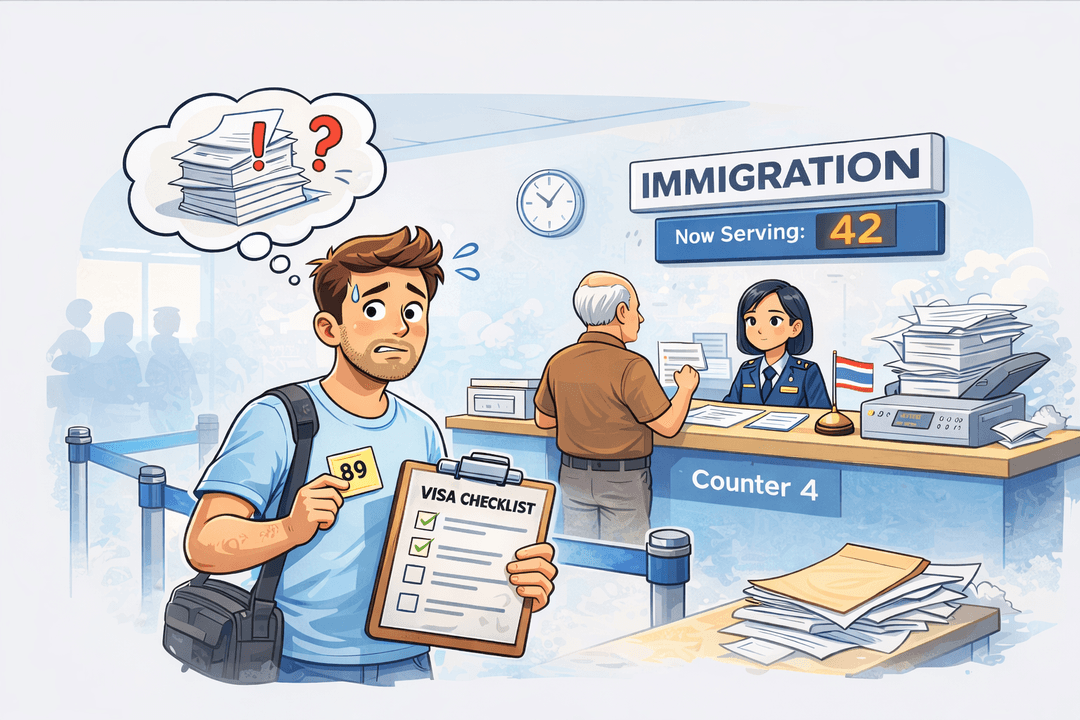 Cartoon of someone at Thai immigration with too many documents