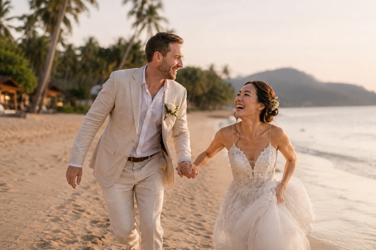 Newly married couple walking together on a beach in Thailand