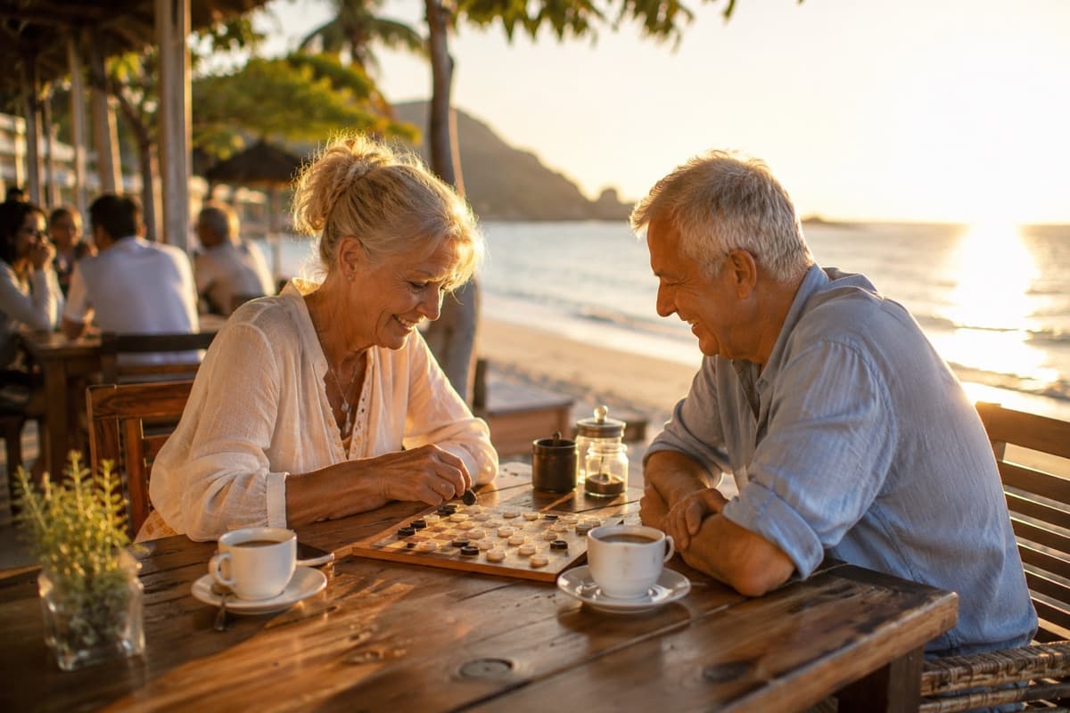 Retired couple enjoying time together by the beach in Thailand