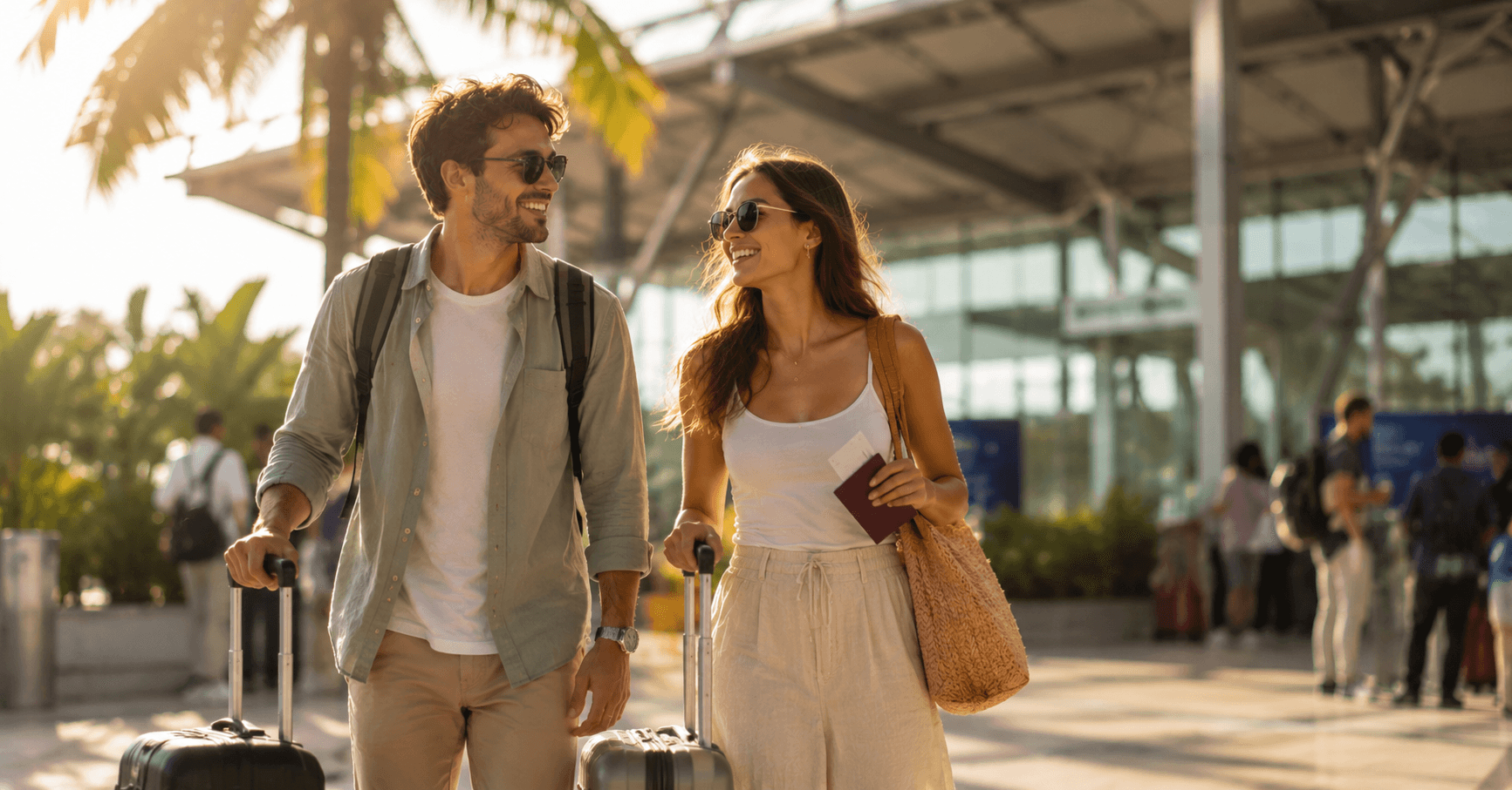 Travellers arriving at an airport in Thailand with passports and luggage