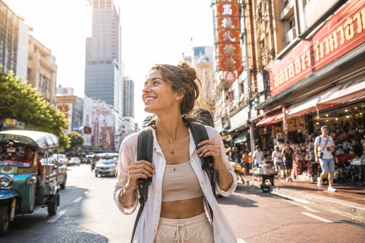 Tourist exploring Chinatown in Bangkok, Thailand