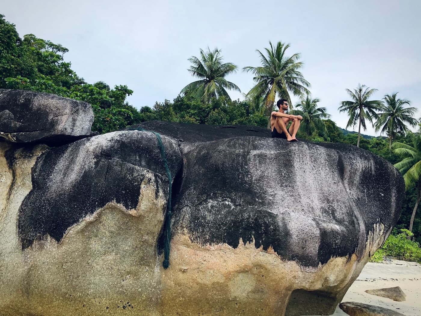A large coastal rock in Thailand with palm trees in the background